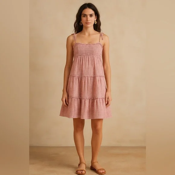 STORIA Gingham Smocked Tiered Mini Dress Cottagecore Summer S - Picture 1 of 7